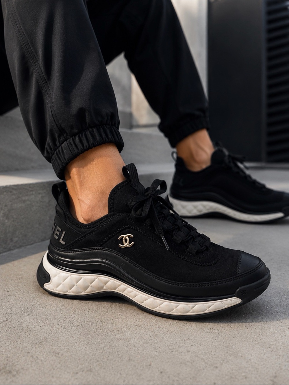 CHANEL Black WOMENS Quilted-Detail Runner Sneakers Sz 38 EU